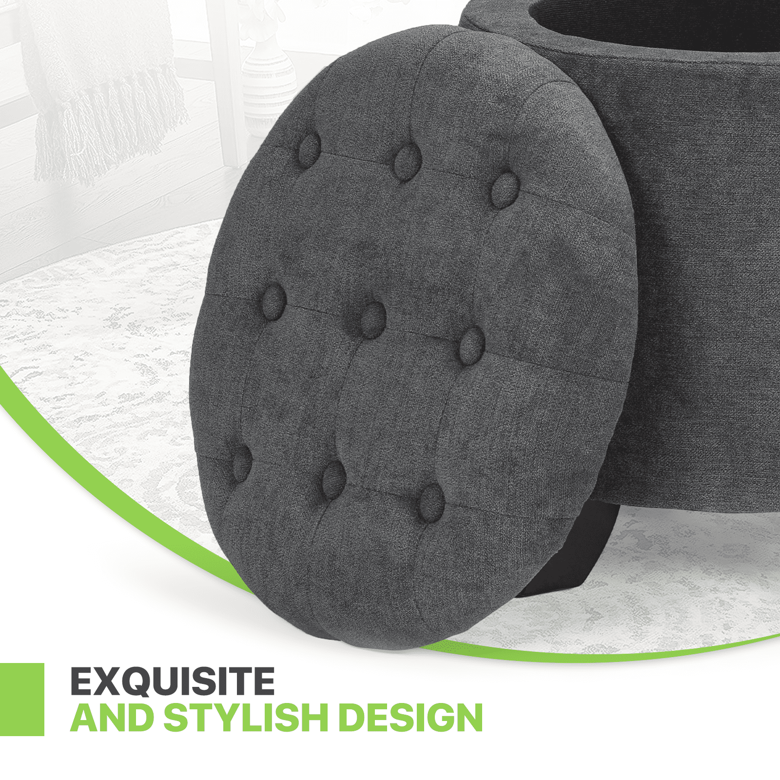 Magshion Storage Ottoman with Padded Seat, Modern Cotton-linen Footrest, Round Seat stool for Living Room Bedroom , Dark Gray