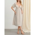 thumbnail image 3 of Biezeib Women Midi Dress Solid Color V-Neck Tie Knot Front Ruched Short Sleeve Dress Summer Casual Dress A-line Dress, 3 of 6