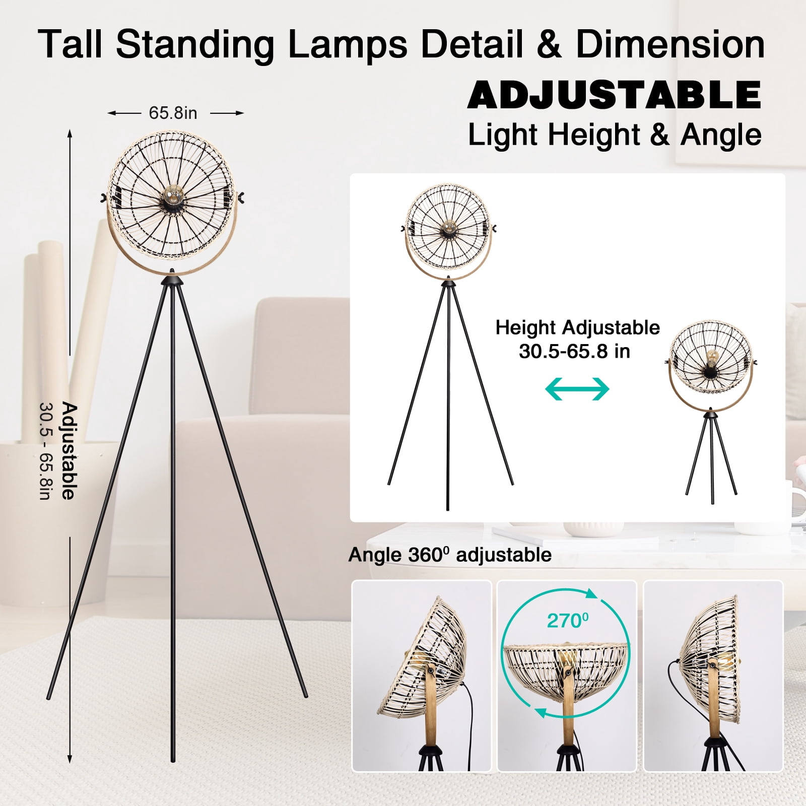Osasy 65.8 in Rustic Boho Adjustable Height Metal Tripod Floor Lamp with Beige Bowl Shade