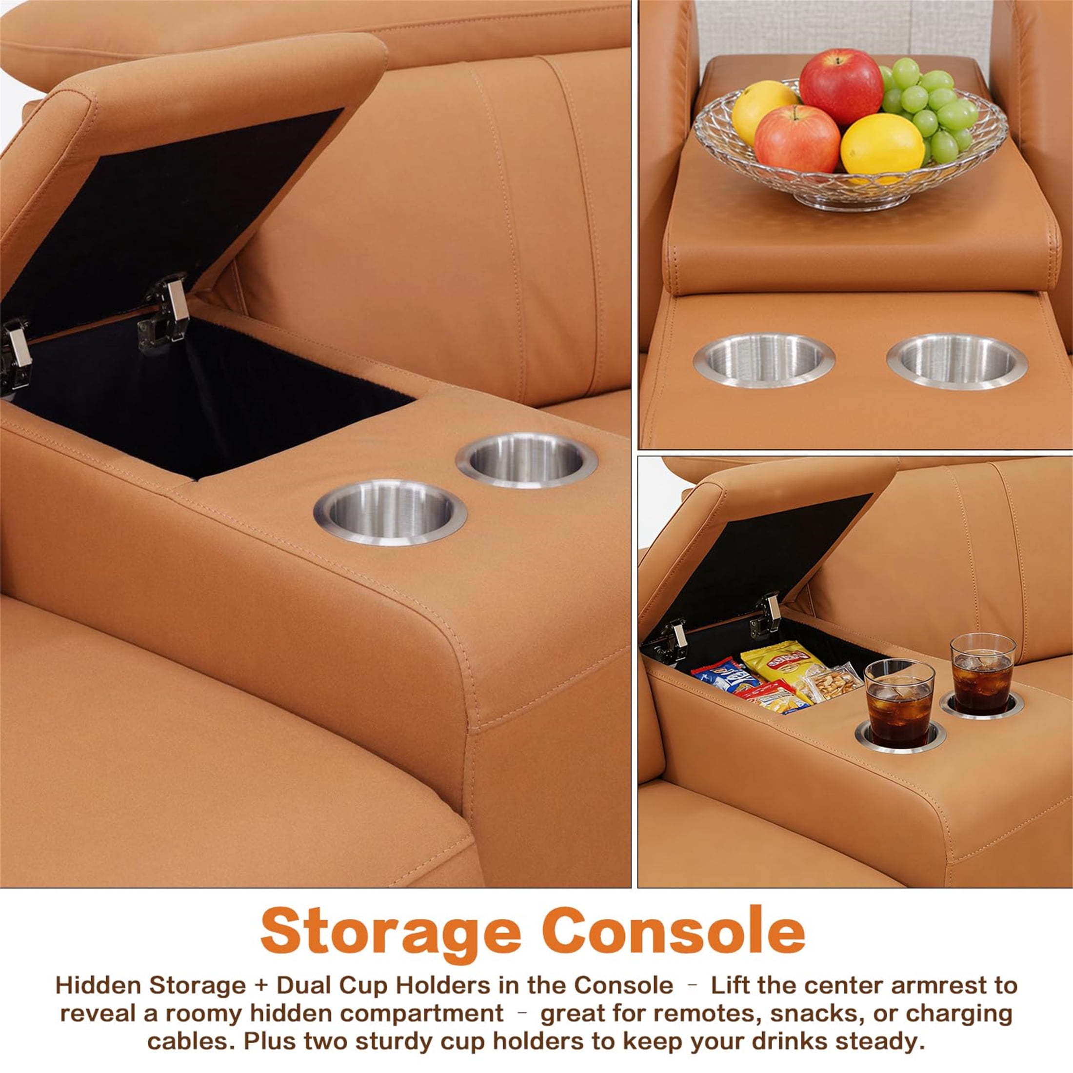 Aukfa 6-Piece Power Recliner Sofa Set Sectional Couch with Cup Holders& USB Port Storage Console, Breathing Leather, Light Brown