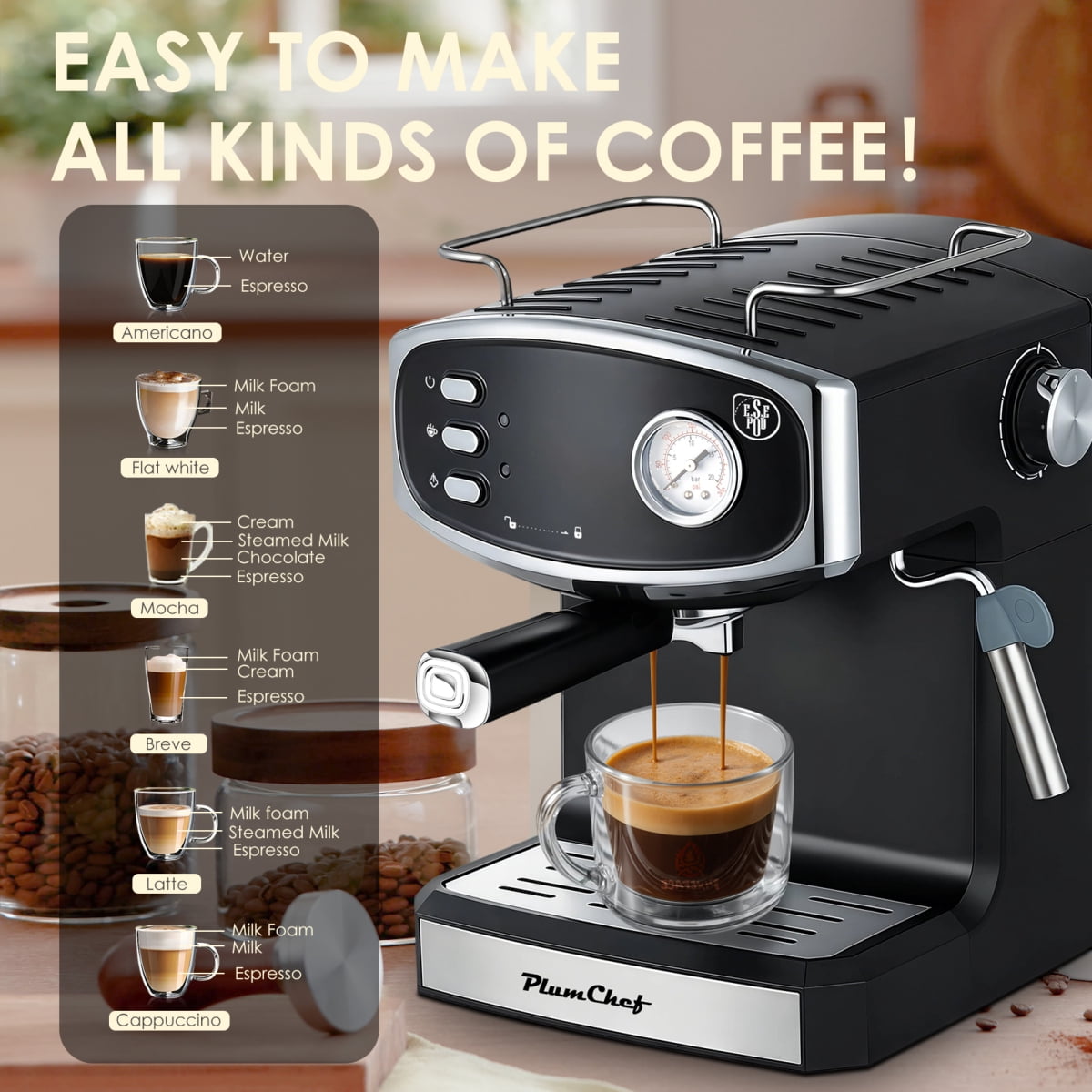 Plum Chef 20 Bar Compact Espresso Machine with Steam Wand, 54oz Water Tank, Low Noise Home Coffee Maker Black