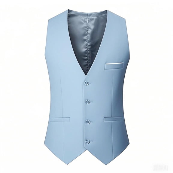 Men's Formal Slim Suit Vest V Neck Button Down Solid Waistcoat with Patch Pockets Light Blue L