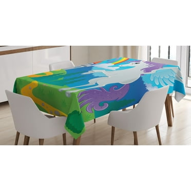 Ambesonne Fantasy Tablecloth Rectangular Table Cover, Unicorn with Rainbow, 52"x70", Multicolor