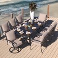 thumbnail image 1 of Kullavik Ensemble de Salle à Manger de Patio 9 Pcs Table et Chaises Ensemble de Mobilier d'Extérieur, Chaises à Dossier Motif Clôture et Chaises Pivotantes, Grande Table Longboard en Fer à Pieds en X avec Trou pour Parasol, Cour Arrière, Jardin, au Bord de la Piscine - Beige, 1 of 5