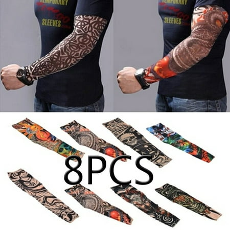 8pcs/10pcs Set Arts Fake Temporary Tattoo Arm Sunscreen Sleeves - Designs Tiger, Crown Heart, Skull, Tribal