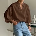 thumbnail image 2 of CLOISE Mens 3/4 Sleeve Tops Casual Bell Sleeve Shirts Loose Solid Color V Neck Pullover Fall Clothes Brown L, 2 of 8
