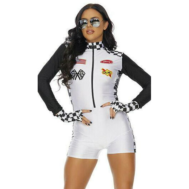 Sexy Forplay Start Your Engines White Race Car Driver Romper Costume