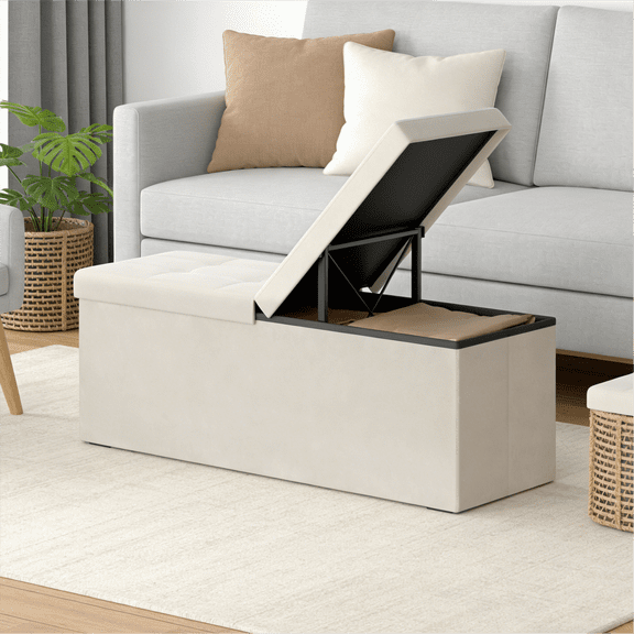 LEDREM 43-Inch Foldable Storage Ottoman Bench with Flipping Lid, Velvet Fabric, 35-Gallon Storage, 660 lb Capacity, Cappuccino Beige