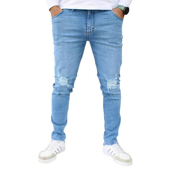 Pantalón rasgado de mezclilla stretch John Silver Corte skinny Color azul froster claro