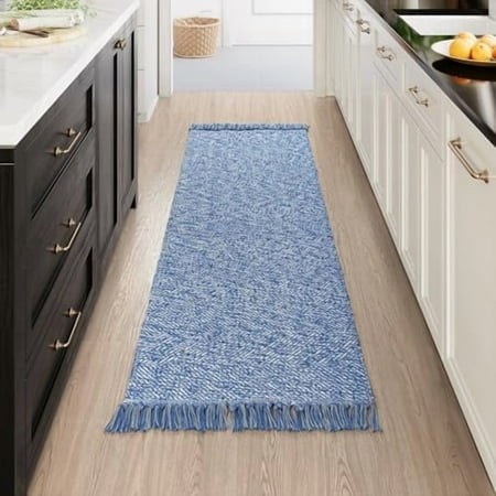 Hallway Runner Rug 2 x 6 Hand-Woven Reversible Washable Entryway Rug Blue Cotton Modern Farmhouse Laundry Room Rug Long Carpet for Bathroom Sink Foyer Bedroom