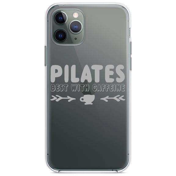 DistinctInk Clear Shockproof Hybrid Case for iPhone 13 (6.1" Screen) - TPU Bumper Acrylic Back Tempered Glass Screen Protector - Pilates Best With Caffeine