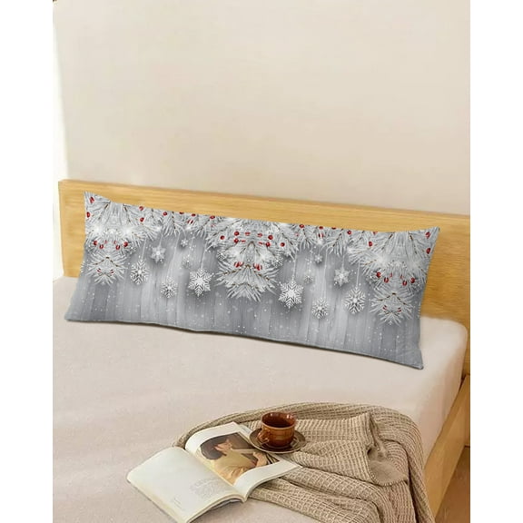 Christmas Throw Pillow Cover,Winter Pine Needle Berry Snowflake Wood Grey Rectangle Decorative Pillow Case Protector Soft Cushion Cover Lumbar Pillowcase for Couch Sofa Bedroom Car Decor 20x54 Inch