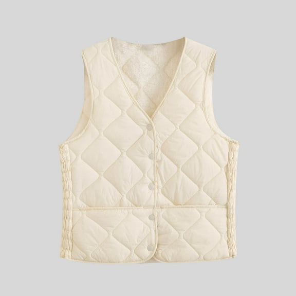 Ailaofu Women's Quilted Vest V Neck Fleece Puffer Vest Button Down Padded Gilet Sleeveless Outerwear Coat