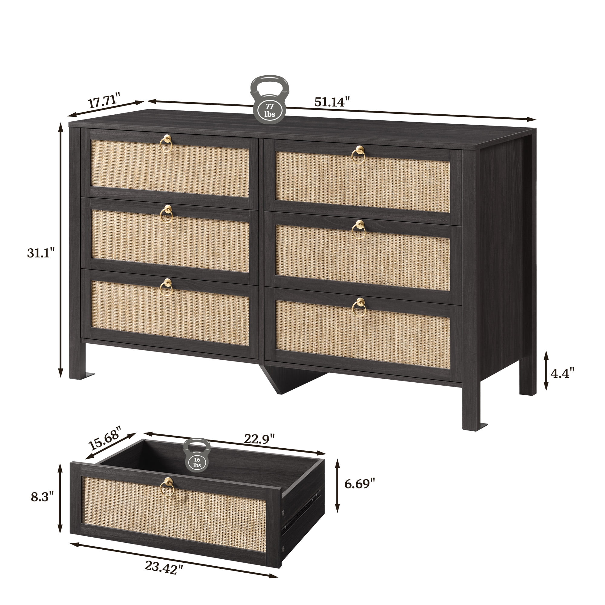 SICOTAS 51.14" Wide 6-Drawer Rattan Dresser, Large Boho Chest of Drawers with gold handle for Bedroom, Coastal Bedroom Furniture Set in Blacklack Oak