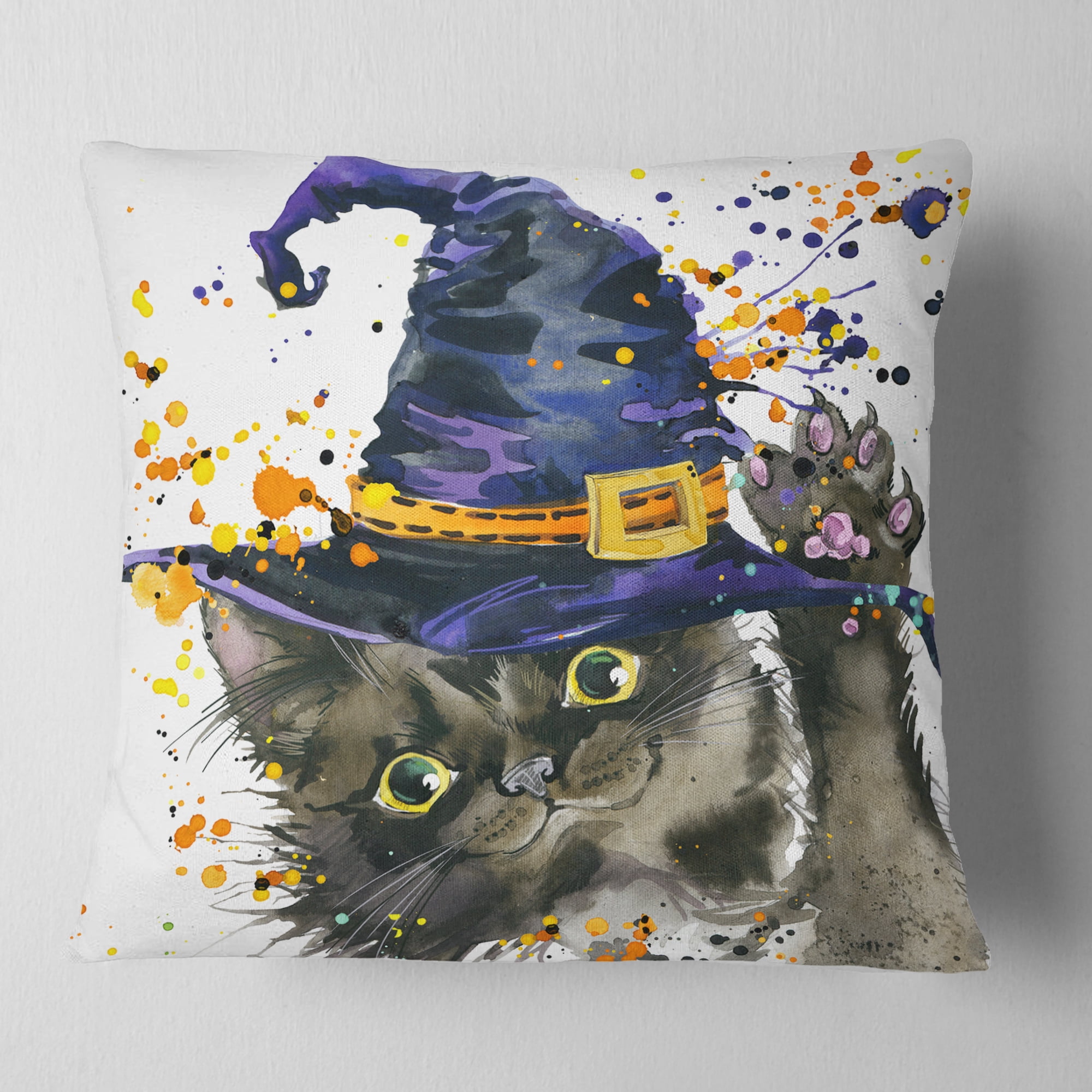 Designart Halloween Cat and Witch Hat - Contemporary Animal Throw Pillow - 18x18