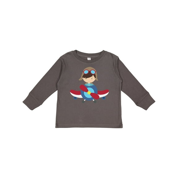 Inktastic Pilot Boy, Airplane, Plane, Flying, Brown Hair Boys Long Sleeve Toddler T-Shirt