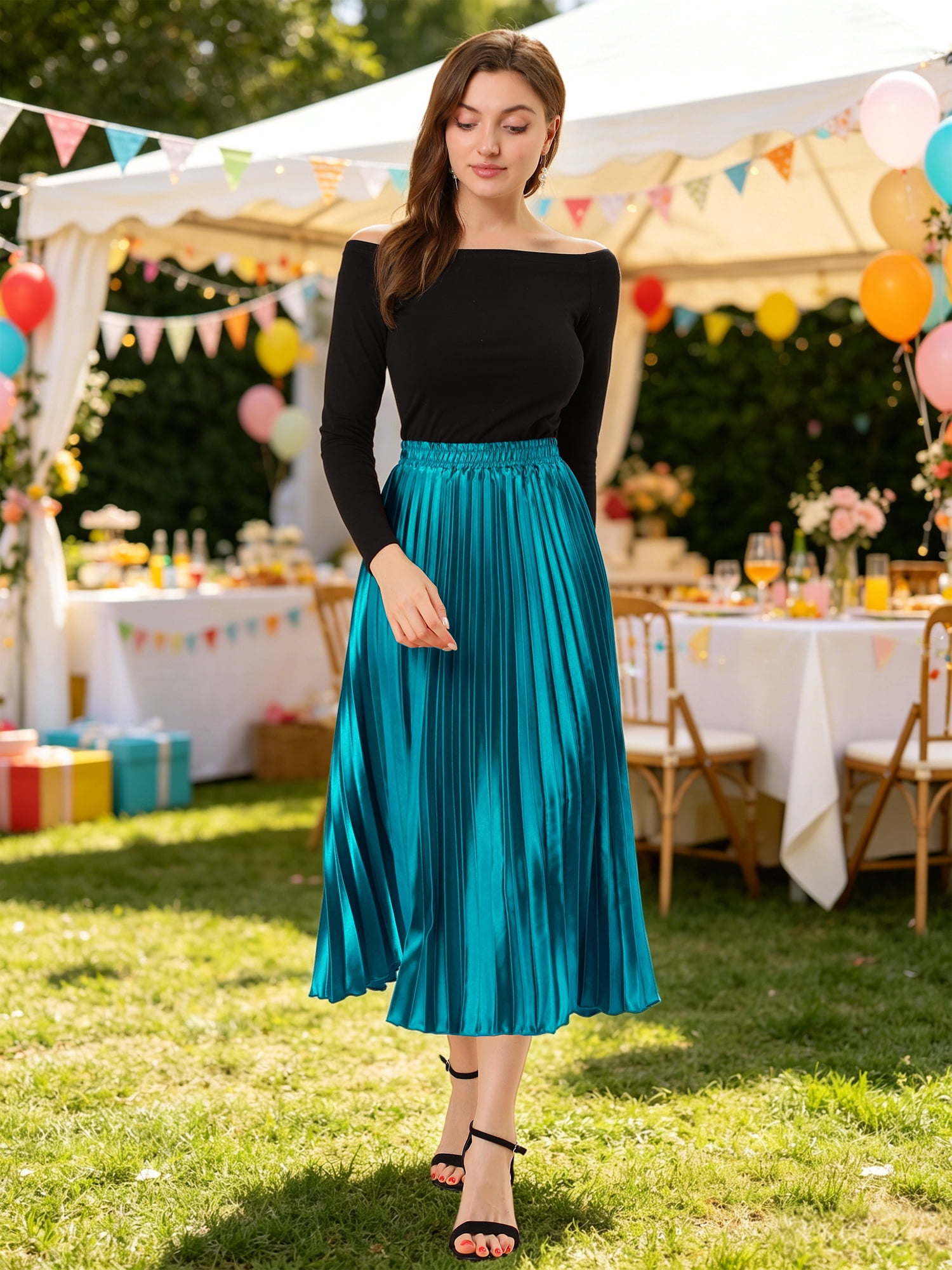 DARING DIVA Women's Midi Length Elastic High Waisted Pleated Skirt 2XL Peacock Blue