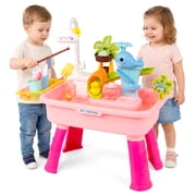 Pink Water Table for Girls/ 2–7 Years,20 in/51 cm, Outdoor Sensory Toys , Gift for Kids Outdoor Play Table with Pump & Running Water, Fishing Game.