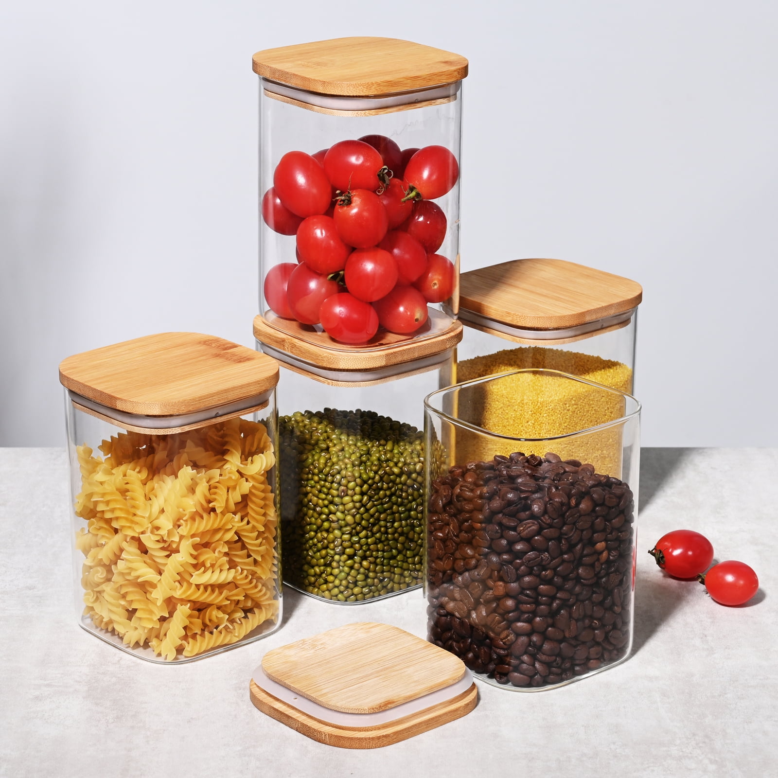 Large Glass Storage Jar, 4 Pack 40 FL OZ Glass Food Storage Containers with Bamboo Lid, Kitchen Containers Cereal Canisters Decorative Jar for Candy Snack Cookies Coffee Tea Nuts Airtight Glass Jars