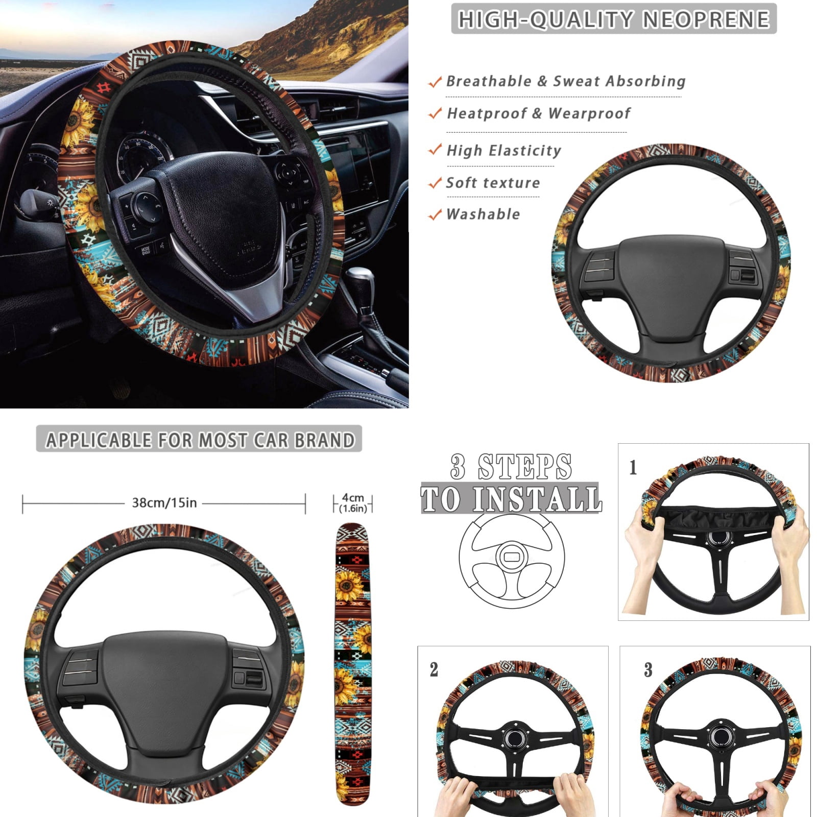 Renewold American Tribal Sunflower Brown 11 Pack Car Seat Covers Full Set, Universal Car Seat Protector Set with Steering Wheel Covers Seat Belt Covers Coaster Keyrings Fit for Most Cars SUV