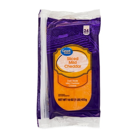 Great Value Mild Cheddar Deli Style Sliced Cheese, 16 oz Package, 24 Slices