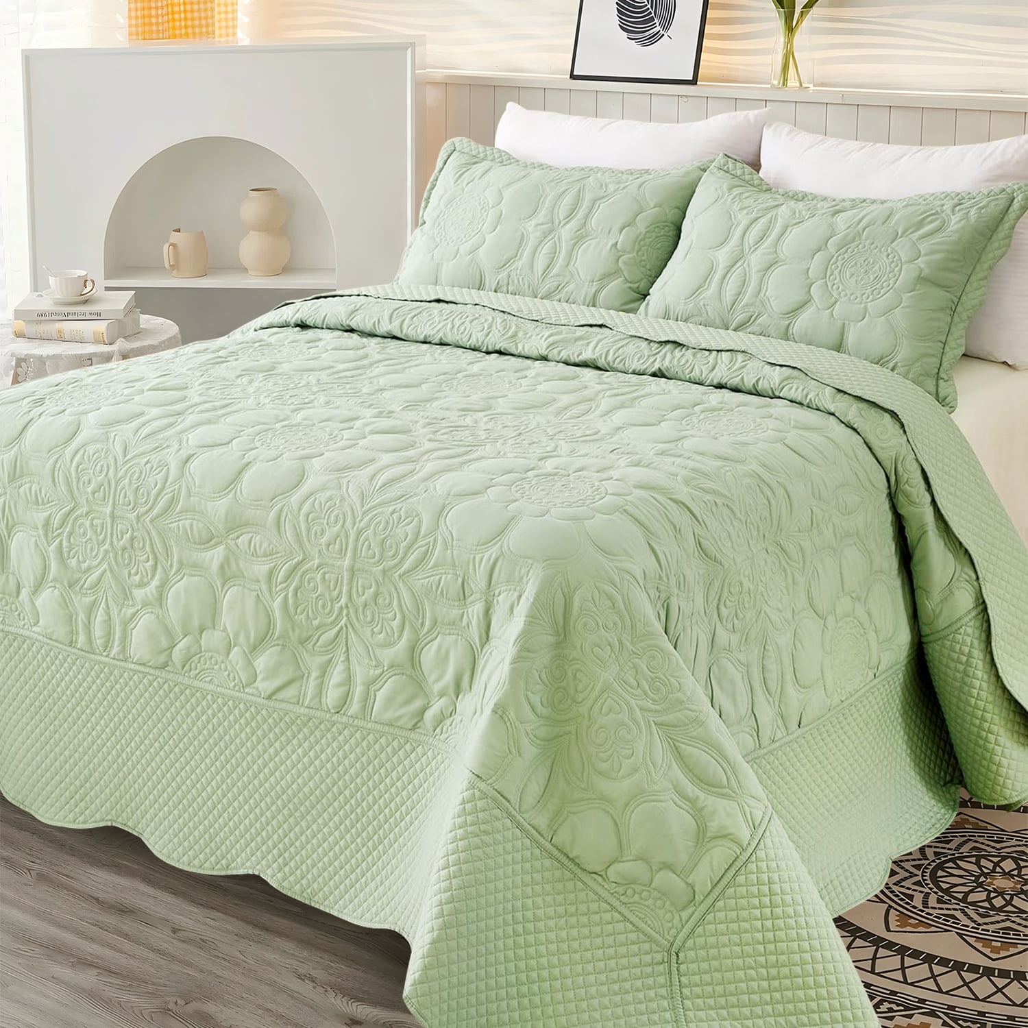 Evenhug 3 Piece King Size Quilt Set Lightweight Reversible Bedspread Coverlets for All Seasons, Green