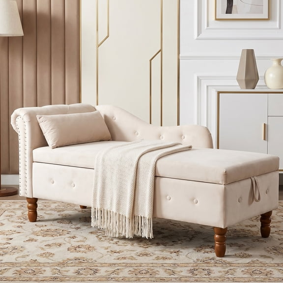 LEHZROAJ Velvet Chaise Lounge Indoor with Storage, Tufted Lounger Chair with Support Pillow, Long Sleeper Sofa for Bedroom, Living Room, Beige