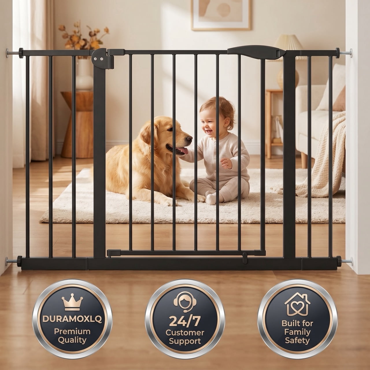 DURAMOXLQ 29.5-44.1" Adjustable Baby & Pet Gate for Stairs, Pressure Mounted Walk-Through Dog Gate, Black