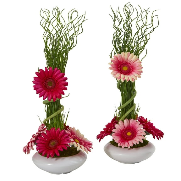 Nearly Natural 18in. Gerber Daisy and Grass Artificial Arrangement in White Vase (Set of 2)