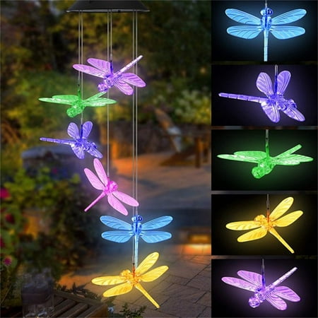

Bigstone Dragonfly Shape Wind Chime Light Color Changing Plastic Ornament Pendant Wind Bell Lamp Housewarming Gift