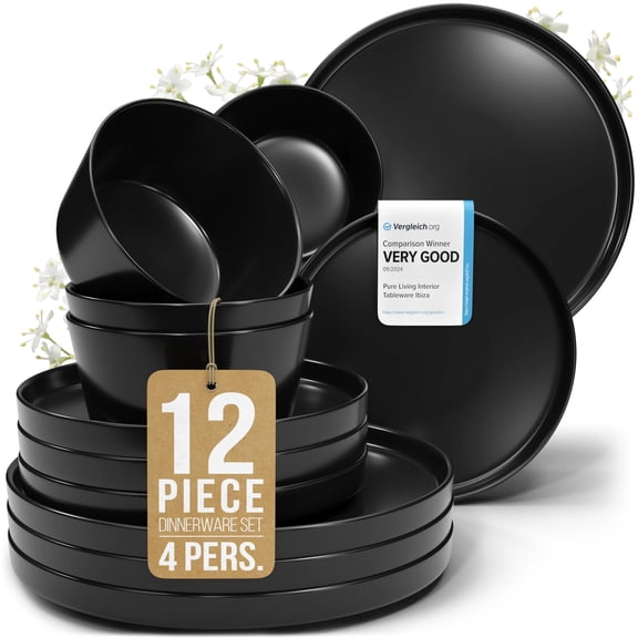 Pure Living Dinnerware Set Matte Black Stoneware Dishwasher Microwave and Scratch Resistant 12 Piece 4 Person