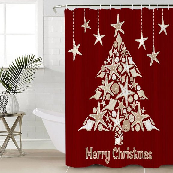 Polyester Fabric Red Christmas Tree Shower Curtain, Xmas Coastal Starfish Shell, Waterproof Bathtub Curtain Bathroom Decor Set with Hooks 66 x 72 Inches,