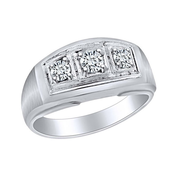 AFFY Father's Day Gift 0.47 Carat (Cttw) Round White Natural Diamond Three Stone Men's Engagement Wedding Ring In 14k Solid White Gold Ring Size-9
