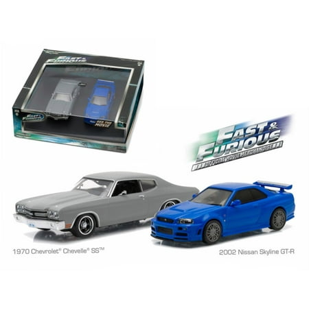 1970 Chevrolet Chevelle SS Grey and 2002 Nissan Skyline GT-R Blue Drag Scene \Fast and Furious\ Movie (2009) Diorama Set 1/43 Diecast Model Cars by
