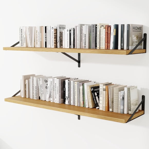 Deep Wall Shelves 12" W x 12" D Engineered Wood Floating Shelves for Wall, Sturdy Metal Bracket Bookshelves Home Decor Storage for Living Room Bedroom Bathroom Kitchen, Set of 2, Oak Finish