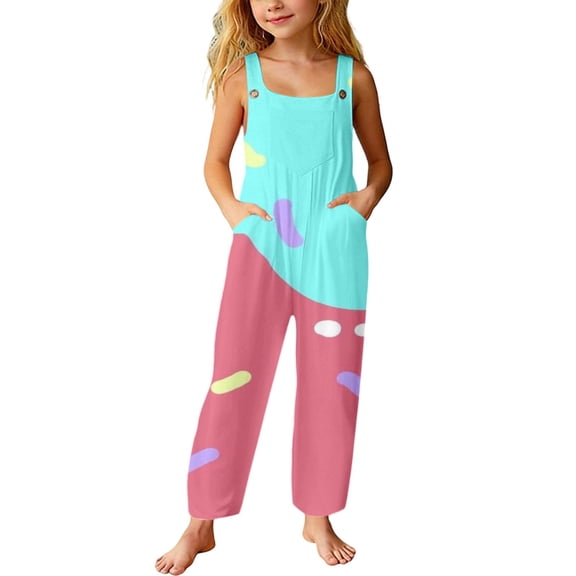 Tfken Overalls For Girls Summer Sleeveless Ice Graphic Comfy Casual Jumpsuit With Pockets Daily Wear Child Fashion Clothes Size 5-6 Years Green