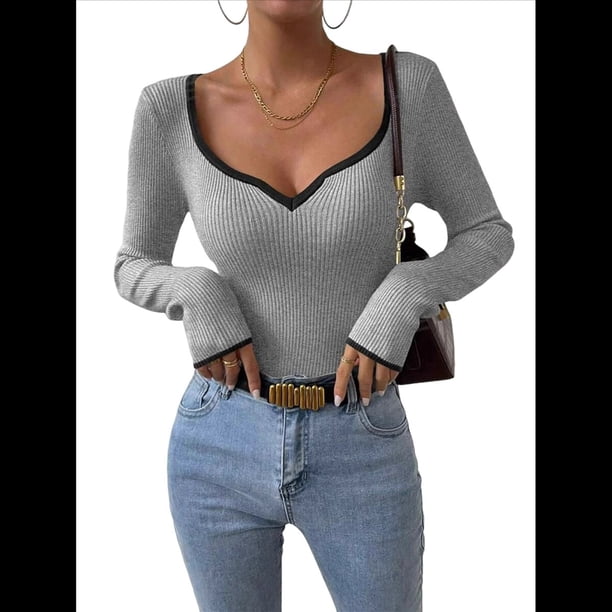 Camiseta de Larga con Escote Corazón para Mujer, de Punto Acanalado y Ribete en Contraste. Gris L