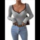 thumbnail image 1 of Camiseta de Larga con Escote Corazón para Mujer, de Punto Acanalado y Ribete en Contraste. Gris L, 1 of 8