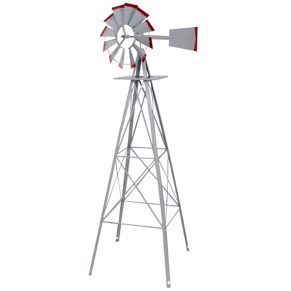 GHP 8-Feet Ornamental Wind Gray Steel Red Trimmed Blades Windmill Garden Weathervane by