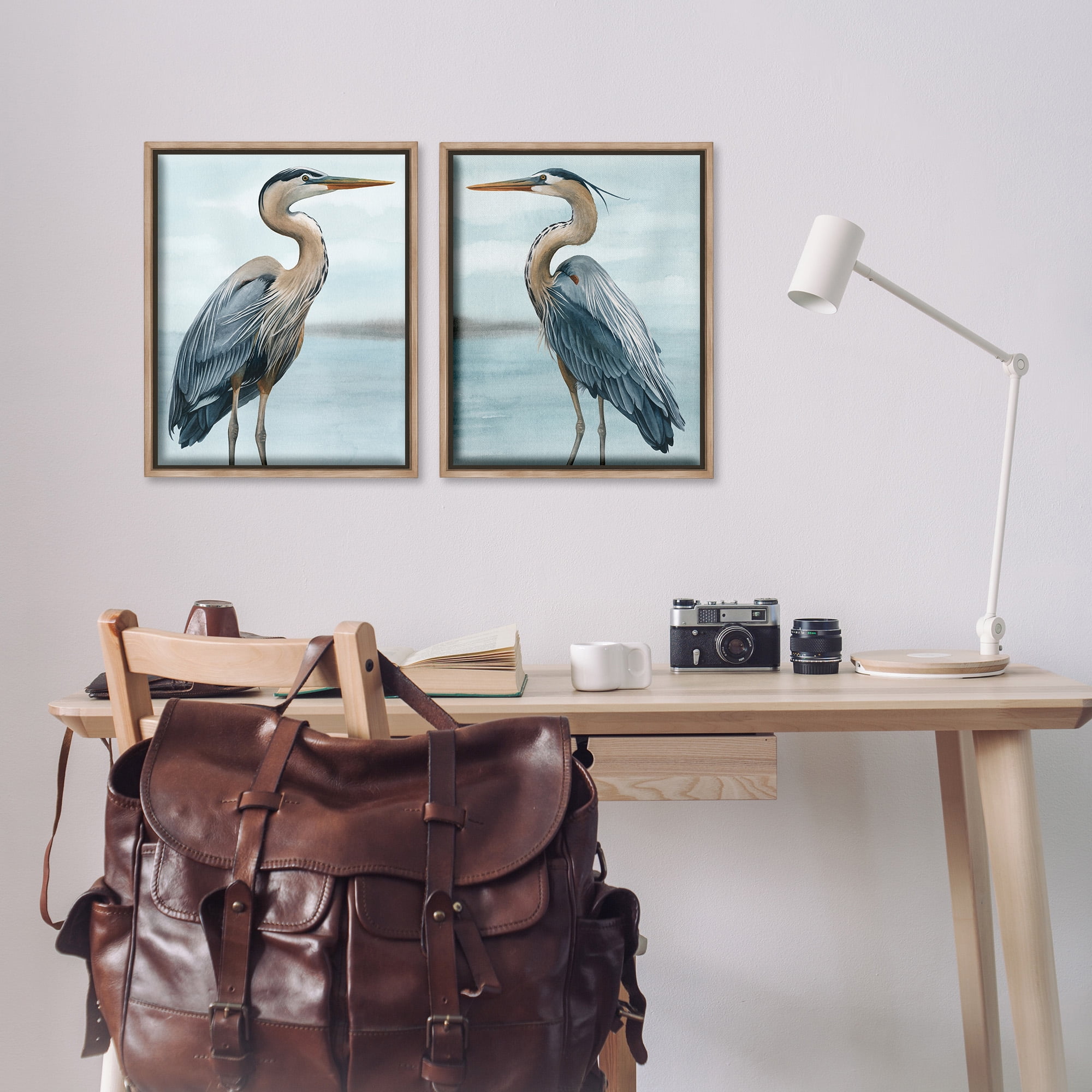 Stupell Industries Detailed Heron Bird Duo Animals & Insects Painting Brown Floater Framed Canvas Art Print Wall Art, 17 x 21, Set of 2