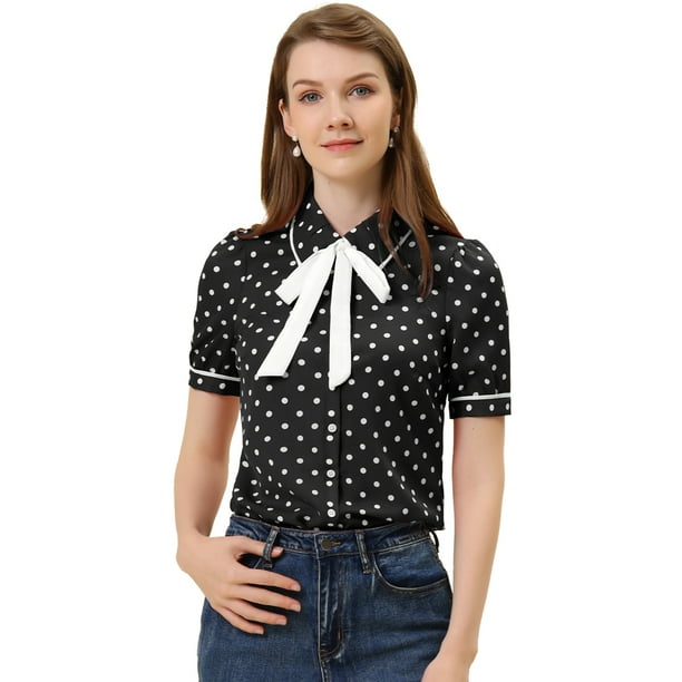 INSPIRE CHIC Camiseta De Manga Corta Con Cuello Peter Pan Y Lunares Para Mujer Negro S
