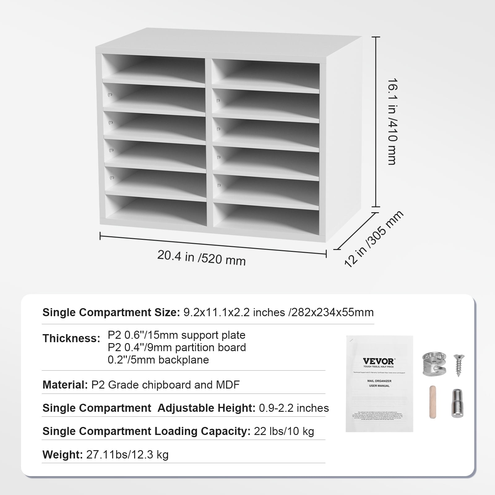 VEVOR Wood Literature Organizer Adjustable File Sorter 12 Compartments Countertop Literature Organizer Paper Storage Holder White