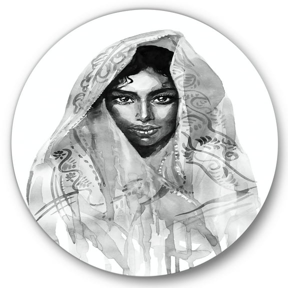 Designart 'Black and White Portrait of Young Indian Woman I' Modern Circle Metal Wall Art 36x36 - Disc of 36