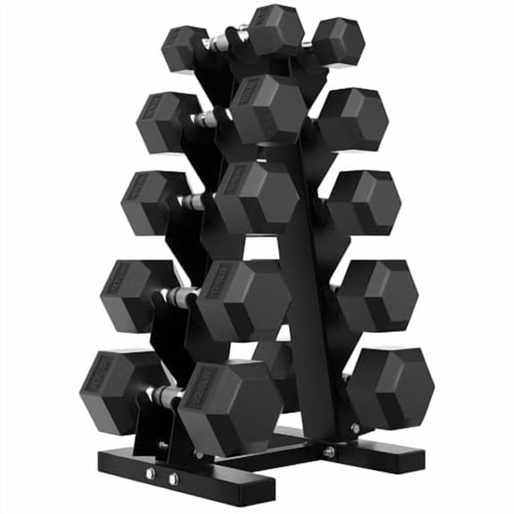 HANDBODE 135 lb Hex Dumbbell Set Rubber Encased Free Weights, Home Weight Set with Enlarged A-Frame Rack, Pair of 5/10/12.5/17.5/22.5 lb