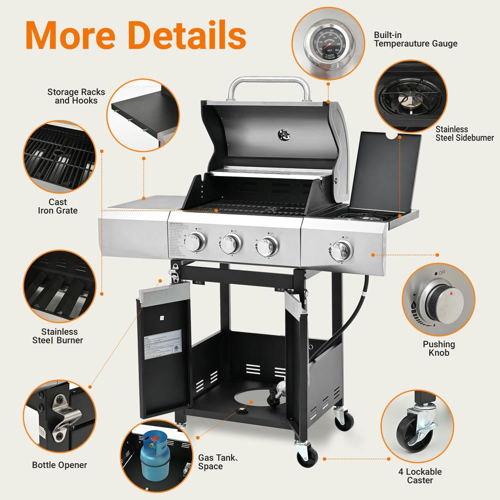 GVN Garden Grill with 3 Burner and Side Burner, Patio Backyard Barbecue Grill for Outdoor, BBQ, Camping, Silver