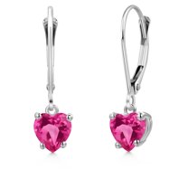 Gem Stone King 14K White Gold Pink Created Sapphire Earrings for Women | 1.20 Cttw | Gemstone September Birthstone | Heart Shape 5MM