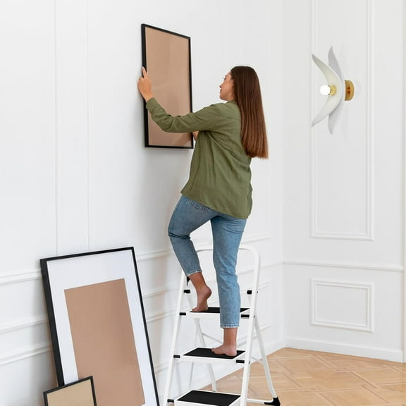 3 Step Foldable Steel Ladder with Anti-Slip Pedals, Portable Household Staircase (White)