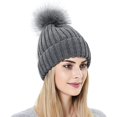 thumbnail image 6 of Muryobao 2 Pcs Womens Winter Knitted Beanie Hat Touch Screen Gloves Set Warm Knit Cuffed Skull Cap with Faux Fur Pom Dark Grey Set, 6 of 7
