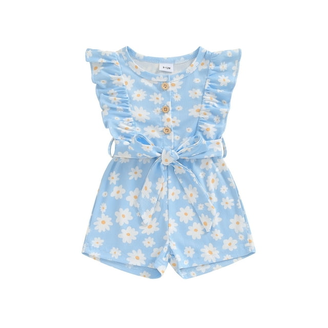xiaxaixu Combinaison d'Été pour Bébé Fille Sans Manches à Volants Col Rond Imprimé Floral Ceinturée Combishort pour Tout-Petit