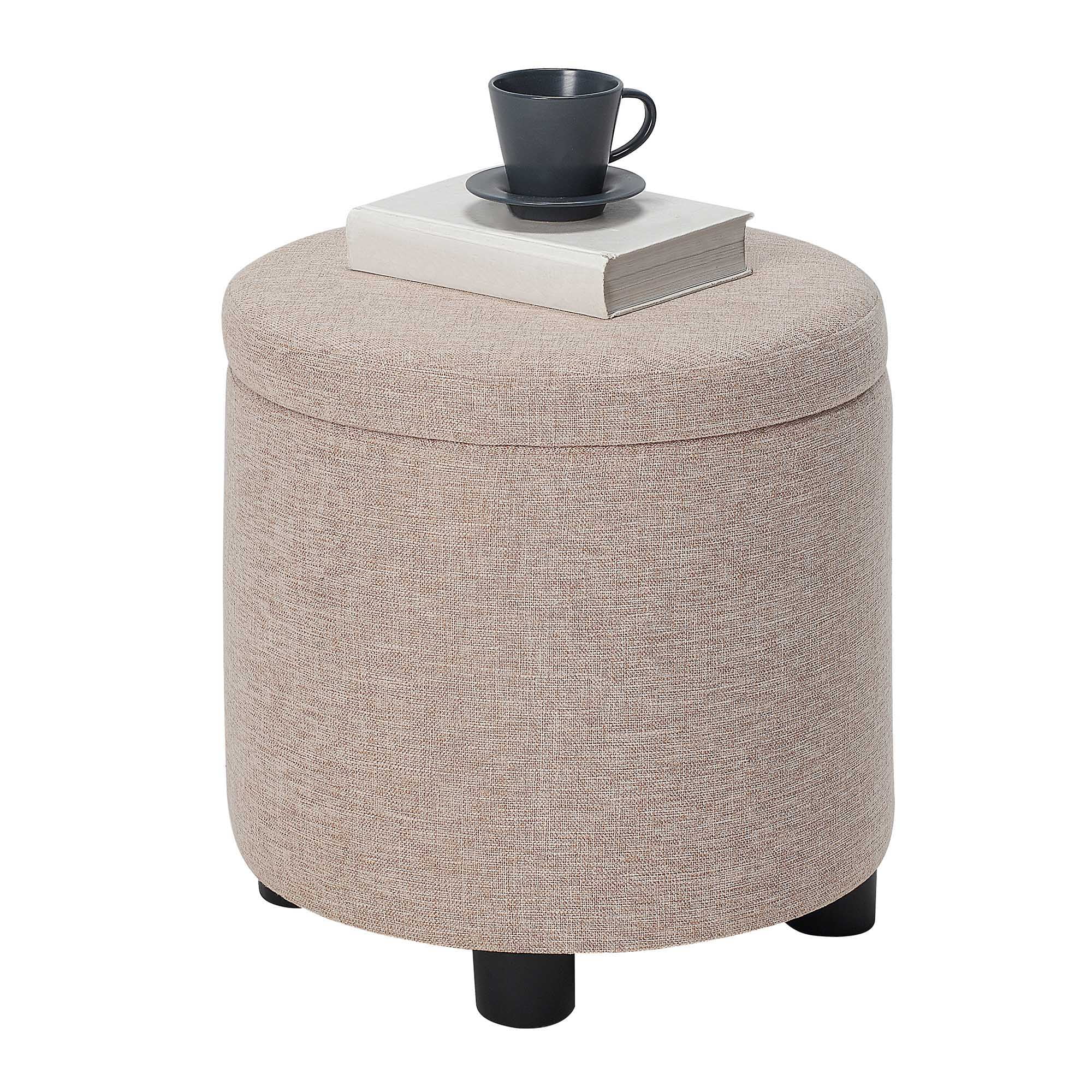 Designs4Comfort Round Accent Storage Ottoman with Reversible Tray Lid, Tan Fabric